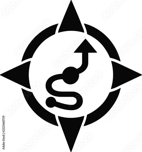 Modern Compass Rose Vector Icon Featuring a Winding Route Path and Arrow Pointer for Strategic Navigation