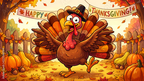 Happy Thanksgiving turkey bird character drawn in funny cute cartoon style