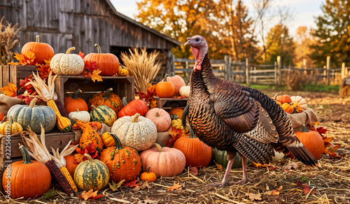 Elegant turkey bird standing next to rich autumn harvest of colorful pumpkins