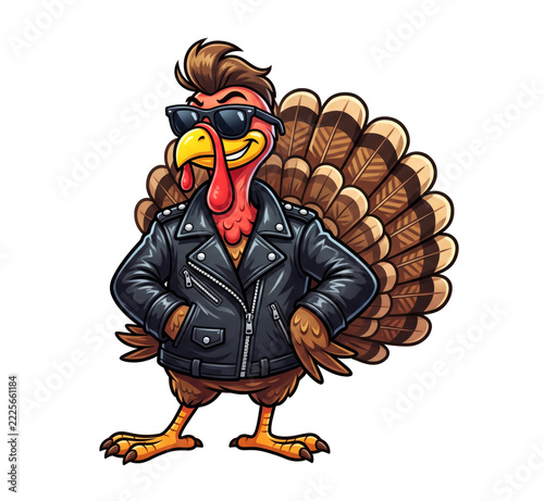 Cool cartoon turkey wearing sunglasses and leather jacket with attitude