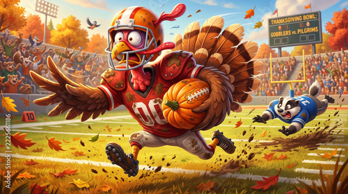 Cartoon turkey playing football with pumpkin ball for Thanksgiving game day
