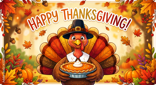 Cartoon turkey wearing pilgrim hat holding pumpkin pie for Thanksgiving greeting