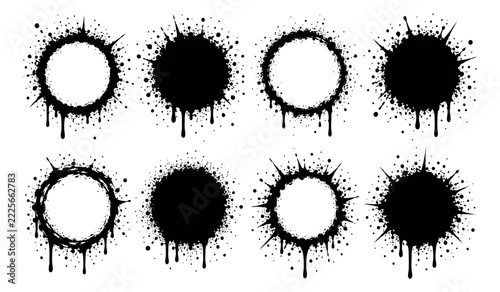 Graffiti style set of 8 ink splatter circle frames featuring spray paint drips and splashes for urban grunge design