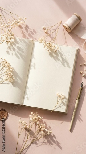 open blank linen notebook, delicate dried baby’s breath flowers scattered across the pages, soft blush pink background, gentle morning sunlight, romantic poetry concept, clean copy space for text