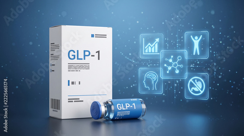 Medical product packaging and vial with scientific icons, representing pharmaceutical innovation and health outcomes, showcasing research and development.