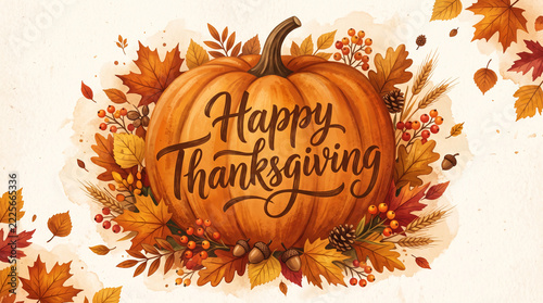 A pumpkin surrounded by autumn leaves, berries, acorns, and wheat stalks, wishing a happy Thanksgiving, representing harvest and gratitude.