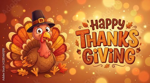 A cartoon turkey wears a pilgrim hat, with vibrant feathers and autumn leaves, celebrating Thanksgiving with festive lettering