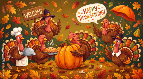 Cartoon turkeys celebrate Thanksgiving with a pie, pumpkin, and umbrella, surrounded by autumn leaves and a welcome sign, symbolizing harvest and gratitude.