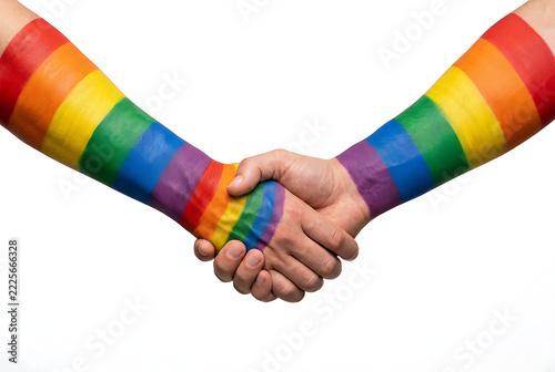 Hands shaking with rainbow flag paint showing LGBTQ pride
