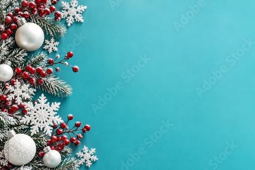 White snowflakes baubles and red berries framing a turquoise background