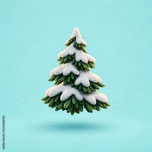Small snow covered evergreen floating on a pale turquoise background