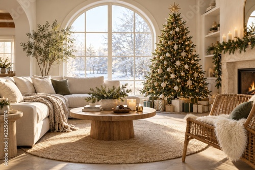 Bright living room with arched window and a decorated Christmas tree