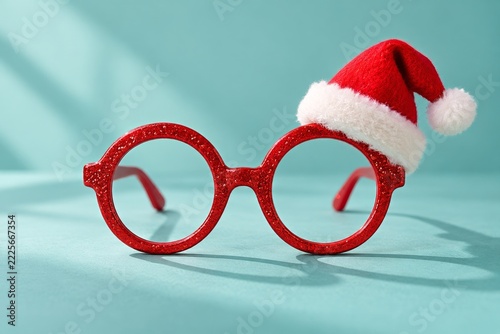 Red round novelty glasses with a tiny festive hat on pale turquoise