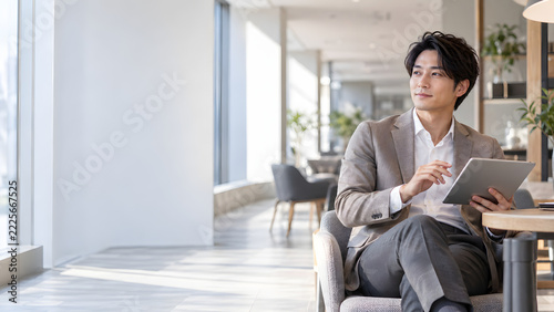 清潔感のあるベージュのジャケット姿でタブレットを手に視線を向けるビジネスマン 明るいオフィスと左側の広いコピースペース