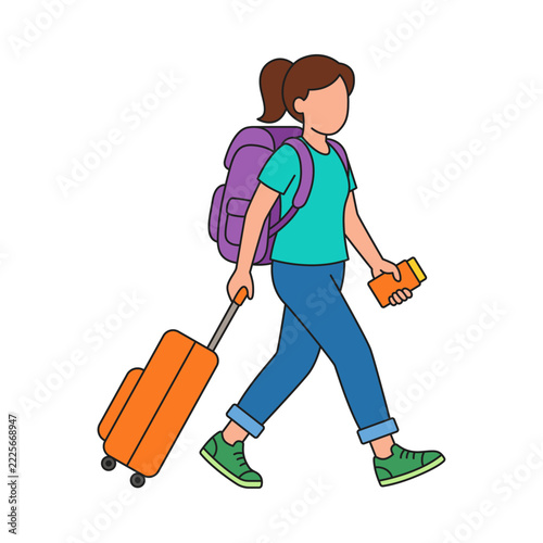 Tourist backpacker woman luggage passenger ticket transit vacationer traveler voyager tourist visitor.
