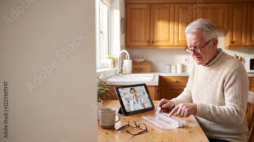 Telemedicine: Senior man reviews daily medicine with online doctor while organizing pills at home