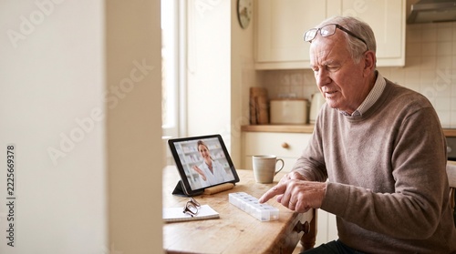 Geriatric medicine: Senior man manages medication during a telehealth consultation at home
