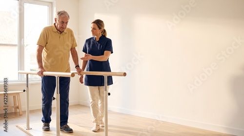 Physical therapy: Senior man practices walking with therapist during mobility rehabilitation