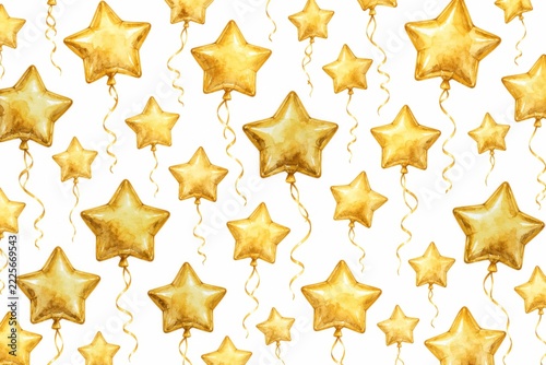 Golden watercolor star balloons with curling strings repeating on white