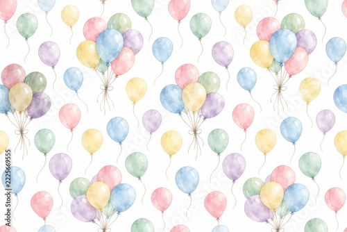 Pastel watercolor balloon bouquets repeating in soft colors on white