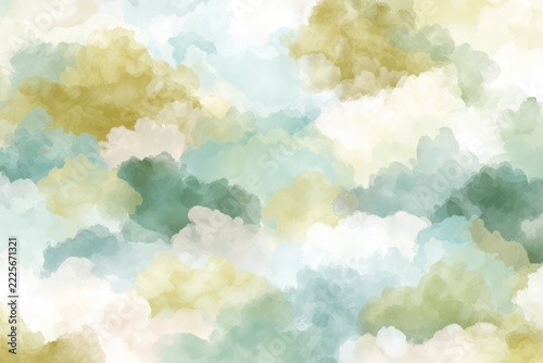 Dreamy seamless pattern of soft washed pistachio green and pale butter yellow watercolor clouds for nursery wallpaper
