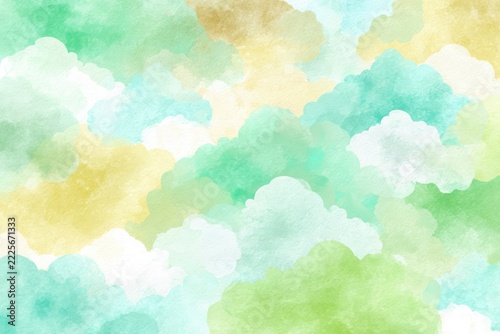 Dreamy seamless pattern of soft washed pistachio green and pale butter yellow watercolor clouds for nursery wallpaper