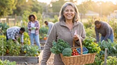 Smiling senior woman holding a basket of fresh organic vegetables in a community garden, illustrating healthy nutrition during breast cancer recovery.