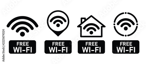 Free WiFi Signal Icon Set in Black Wireless Connectivity, Internet Access, Router Symbols and Public Network Availability Vector Illustration.