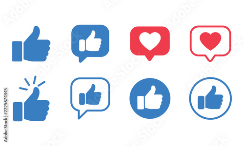 Social Media Like and Love Reaction Icon Set. Thumbs Up, Heart Symbols, Chat Bubbles and Engagement Vector Illustration.
