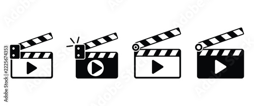 Movie Clapperboard and Play Button Icon Set. Video Production, Filmmaking, Multimedia, Streaming and Digital Entertainment Vector Illustration.