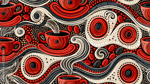 A seamless pattern featuring vibrant cups, wisps of steam, and coffee beans, rendered in the traditional ethnic style wallpaper print.