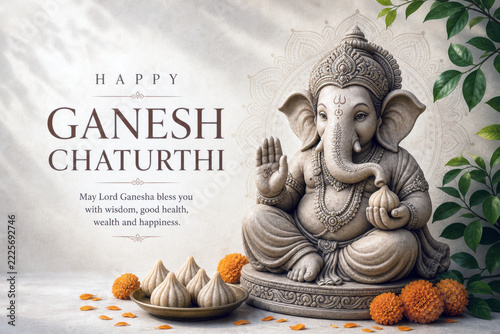 Ganesha greeting poster festival blessing statue marigold sweet leaf earthy holiday design with prayerful mood