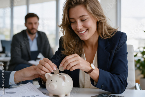 Smiling woman putting coins into piggy bank at office desk