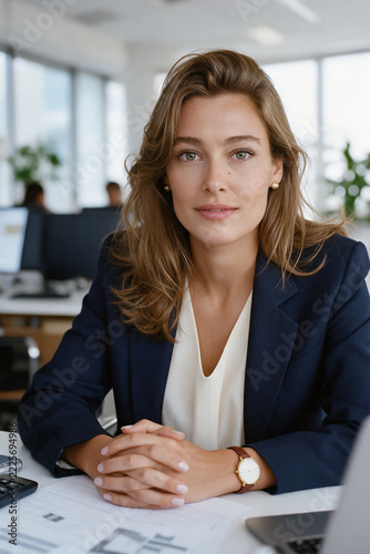 Professional woman at desk with folded hands looking at camera