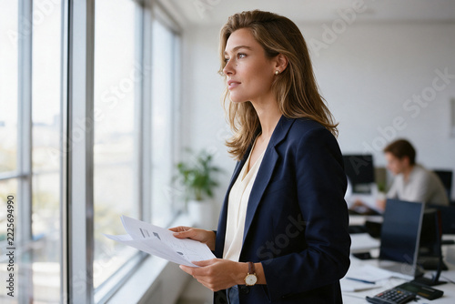 Businesswoman holding documents looking out of large window