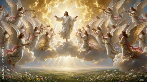 Jesus Christ returns in glory among many angels in heaven. Divine light shines from clouds above blooming flower meadow. Angels blow golden trumpets to announce second coming of savior. Majestic
