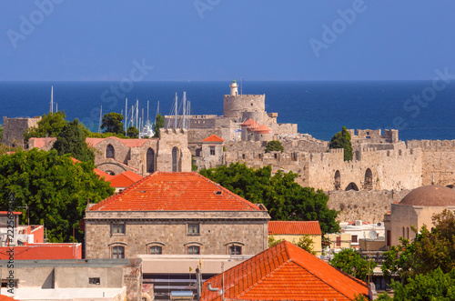 Medieval Fortifications and Red Rooftops in Rhodes Old Town, Greece