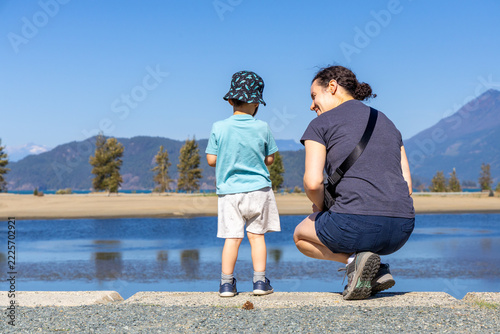 Mother and Young Son Enjoying Lakeside View at Harrison Hot Springs, British Columbia, Canada