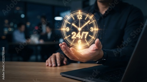 Businessman holding a glowing digital clock hologram representing twenty four seven availability and constant business support services