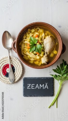Traditional Moldovan Zeama chicken noodle soup with fresh lovage and homemade noodles in a rustic ceramic bowl on a wooden table, minimalist flat lay food photography
