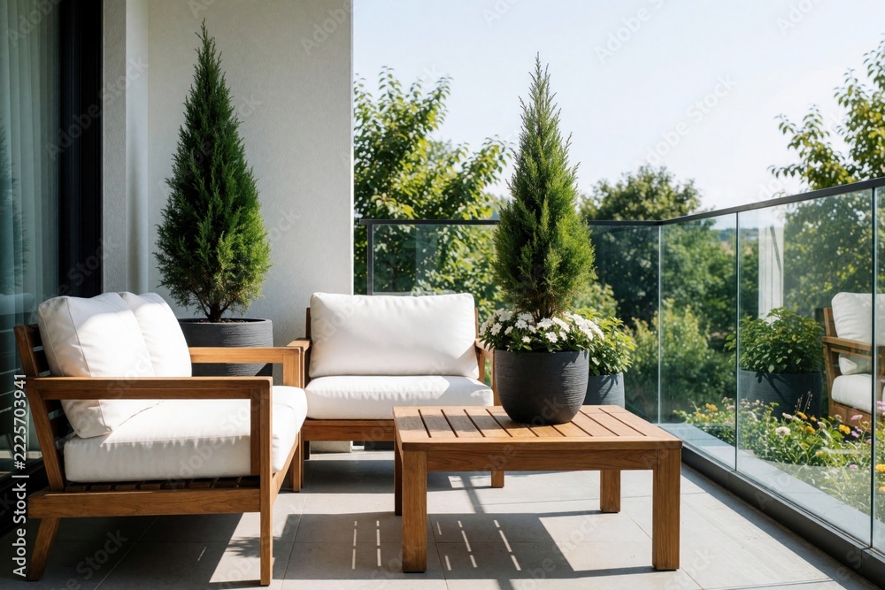 Naklejka premium Modern wooden balcony furniture with white cushions on sunny terrace. Stylish patio set includes lounge chairs, coffee table. Green cypress plants in dark pots decorate cozy outdoor space. Luxury