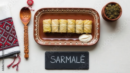 Traditional Moldovan Sarmale beef stuffed cabbage rolls with sour cream on a rustic ceramic platter, minimalist flat lay food photography with embroidered cloth