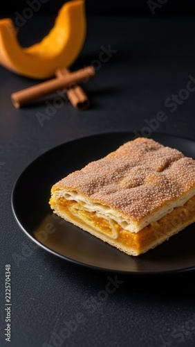Traditional Placinta cu Dovleac flaky pumpkin strudel pastry dusted with cinnamon sugar on a black ceramic plate, moody fine dining food photography