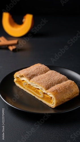 Traditional Placinta cu Dovleac flaky pumpkin strudel pastry dusted with cinnamon sugar on a black ceramic plate, moody fine dining food photography