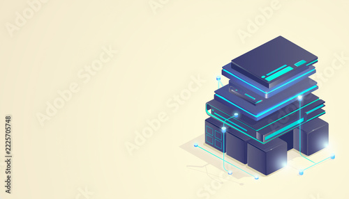 Abstract Layered Digital Computing Architecture with Glowing Blue Connections