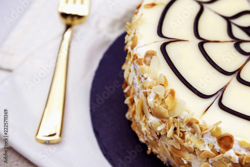 Traditional Hungarian Esterhazy cake with web decoration on the plate