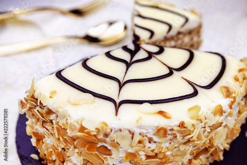 Traditional Hungarian Esterhazy cake with web decoration on the plate