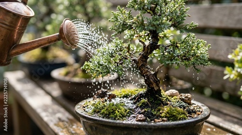 Watering bonsai tree