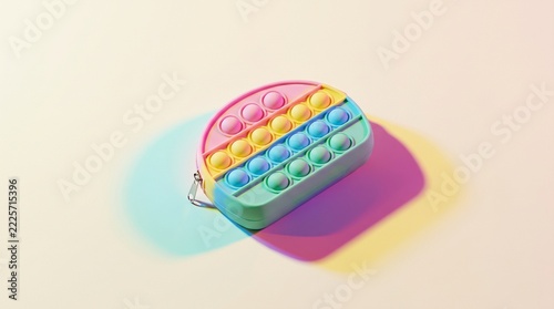 Colorful silicone pop-it coin purse with vibrant chromatic shadows cast across a minimal surface, highlighting tactile bubbles and modern playful design in an artistic product scene.