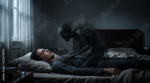 Terrifying Nightmare Creature Torments Man in Dark Bedroom on Halloween Night